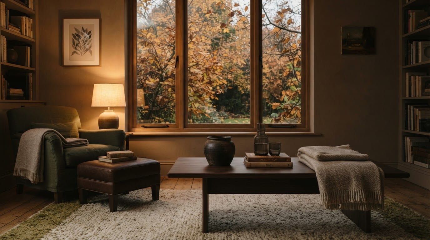 Autumn room with a lamp, low table, and framed woodland view
